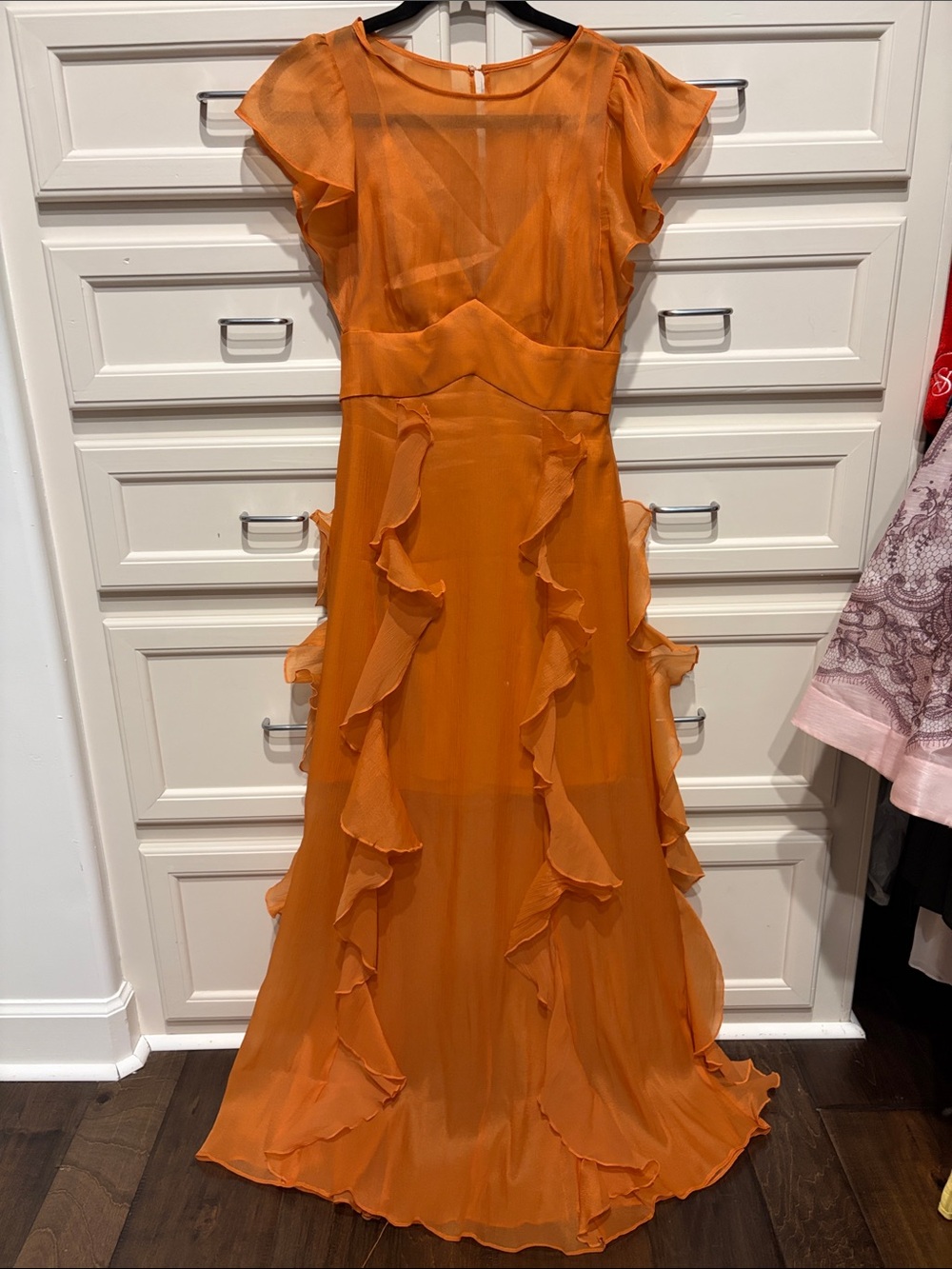Chiffon Ruffle Midi Dress in Orange